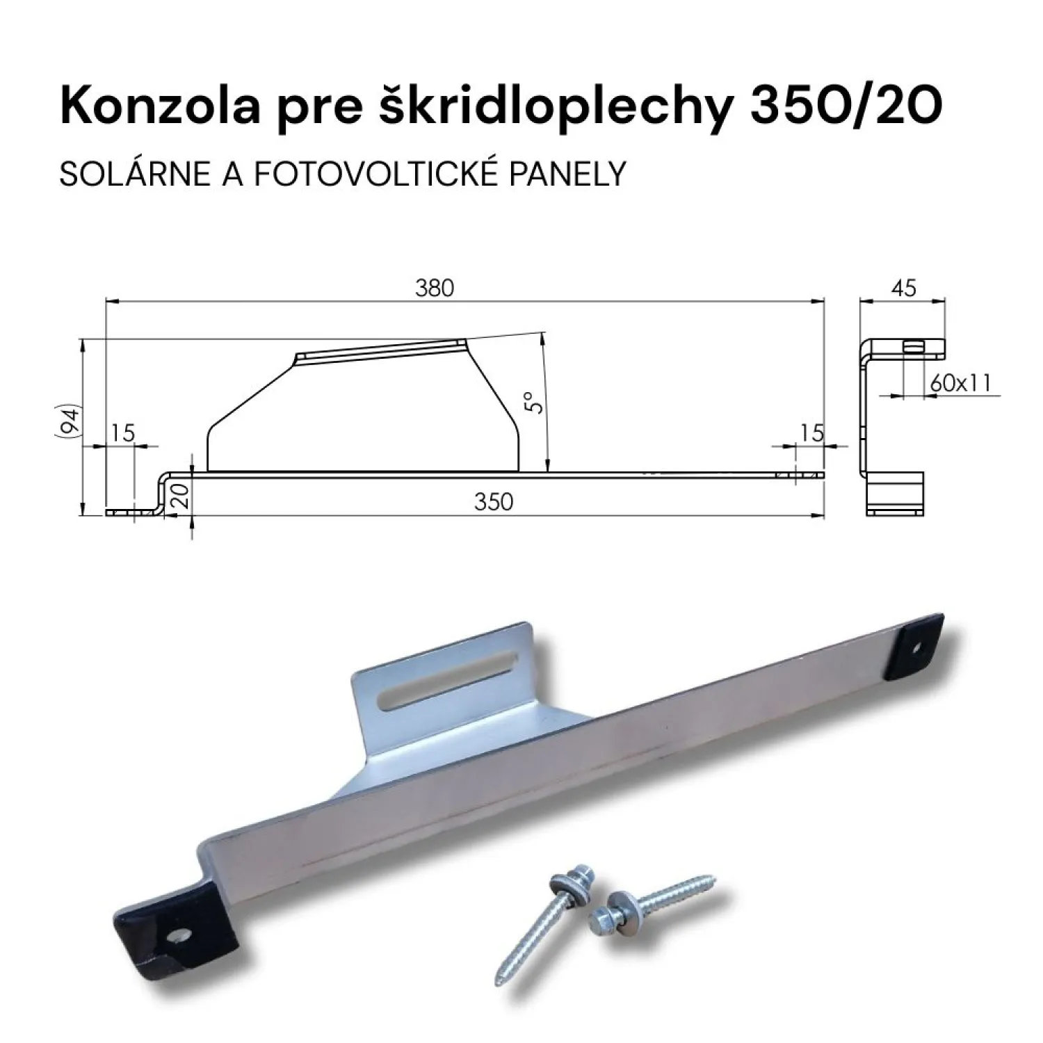 Fotovoltická konzola pre škridloplechy 350/20 nákres s rozmermi